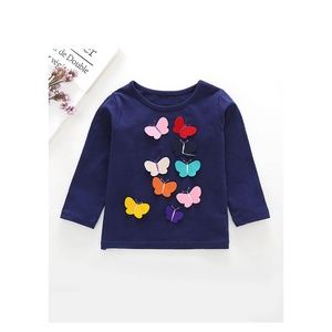 Blue Butterflies Applique Long Sleeve Girl T-Shirt